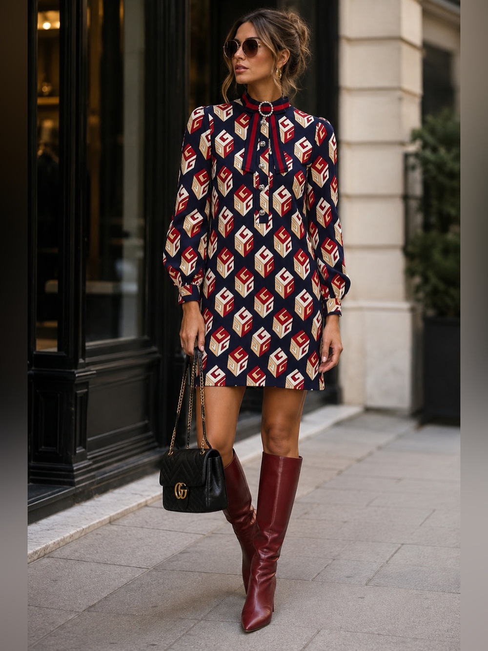 Gucci Navy Red Geometric Print Long Sleeve Mini Dress Size L